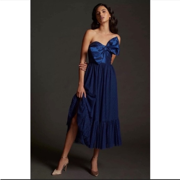 New Anthropologie Michaela Flounced Midi Dress $148 X-SMALL Blue White
